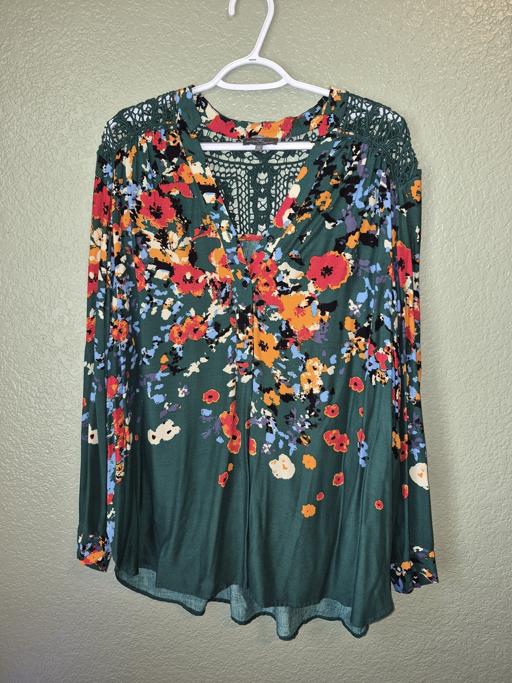 Market & Spruce Forest Green Floral Long-Sleeve Crochet Yoke Top